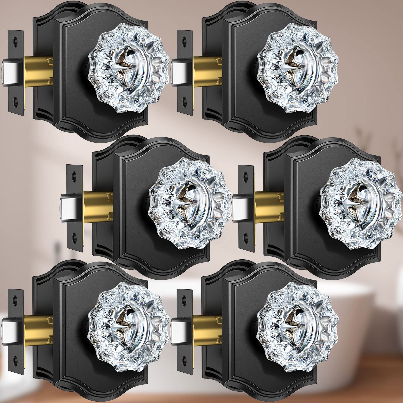 Vintage Crystal Glass Door Knobs 6-Pack with Lock - Black Privacy Interior Knobs for Bedroom, Bathroom & Closet Doors - Elegant Vintage Style for Home Decor & DIY Projects