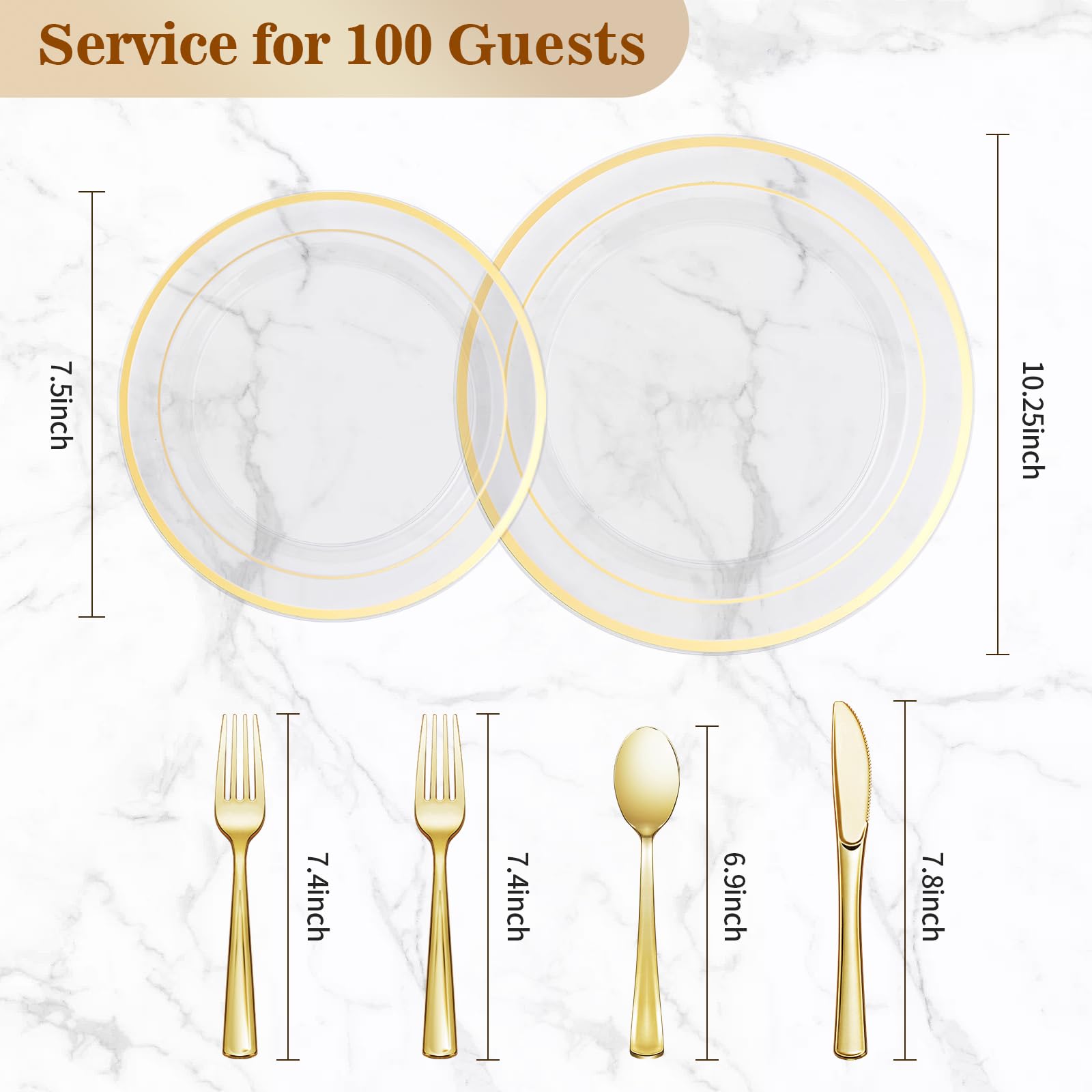 600-Piece Clear Gold Plastic Plate Set - Elegant Disposable Dinnerware for 100 Guests | Perfect for Weddings, Parties, Birthdays & Events (200 Plates, 200 Forks, 100 Spoons, 100 Knives) | Ideal for Catering, Buffets & Outdoor Gatherings