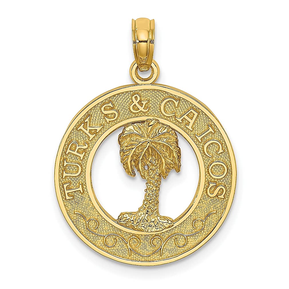 14K Yellow Gold Turks & Caicos Palm Tree Circle Charm Necklace - Tropical Travel Jewelry Pendant for Women, Perfect Vacation Gift & Beach Accessory for Her | Ideal for Island Getaways, Summer Vacations & Cruise Trips
