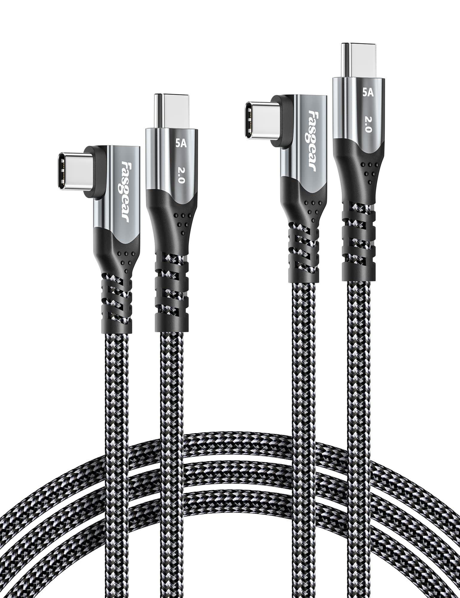 Fasgear USB C to USB C Cable 2 Pack (3ft+6ft) 100W 5A Fast Charging Braided Type C 2.0 Charger Cord - Angled Design for MacBook Pro, iPad Air 4, Samsung S23/S22/Note 10, PS5 Controller, Pixel 6 - Perfect for Home, Office & Travel Charging (Black)