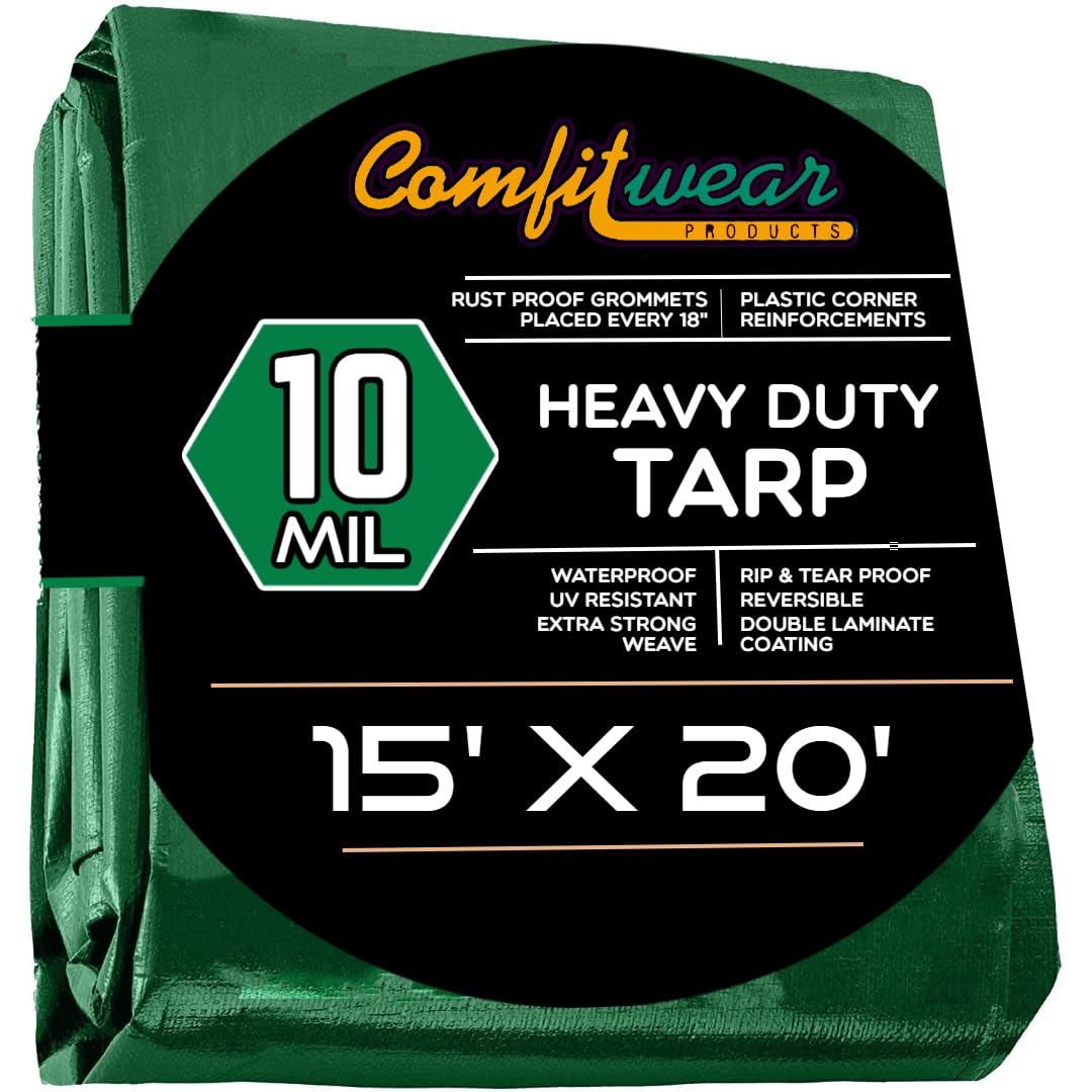 Heavy Duty Waterproof Tarp Cover 15' x 20' - UV Resistant, Reinforced Grommets for Pool, Boat, Camping & Outdoor Protection - Multi-Purpose Canopy Tent Cover (Green-Black) - Perfect for Storage, Construction, RV & Emergency Shelter