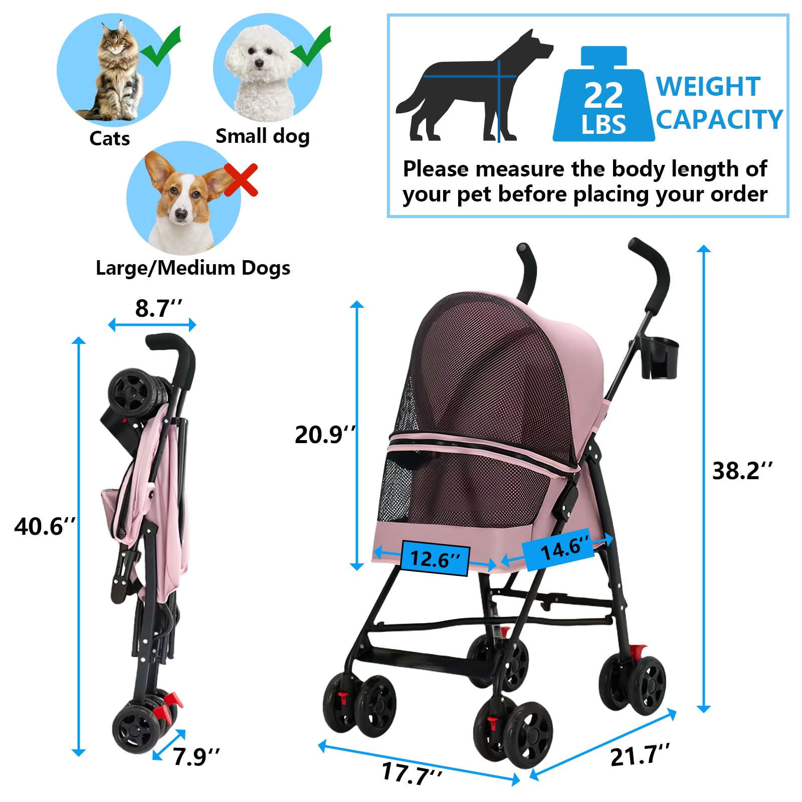 **CYUmail 4-Wheel Foldable Pet Stroller for Small Dogs & Cats - Lightweight, Breathable Mesh, Cup Holder, Pink - Perfect for Walks, Travel & Outdoor Adventures**