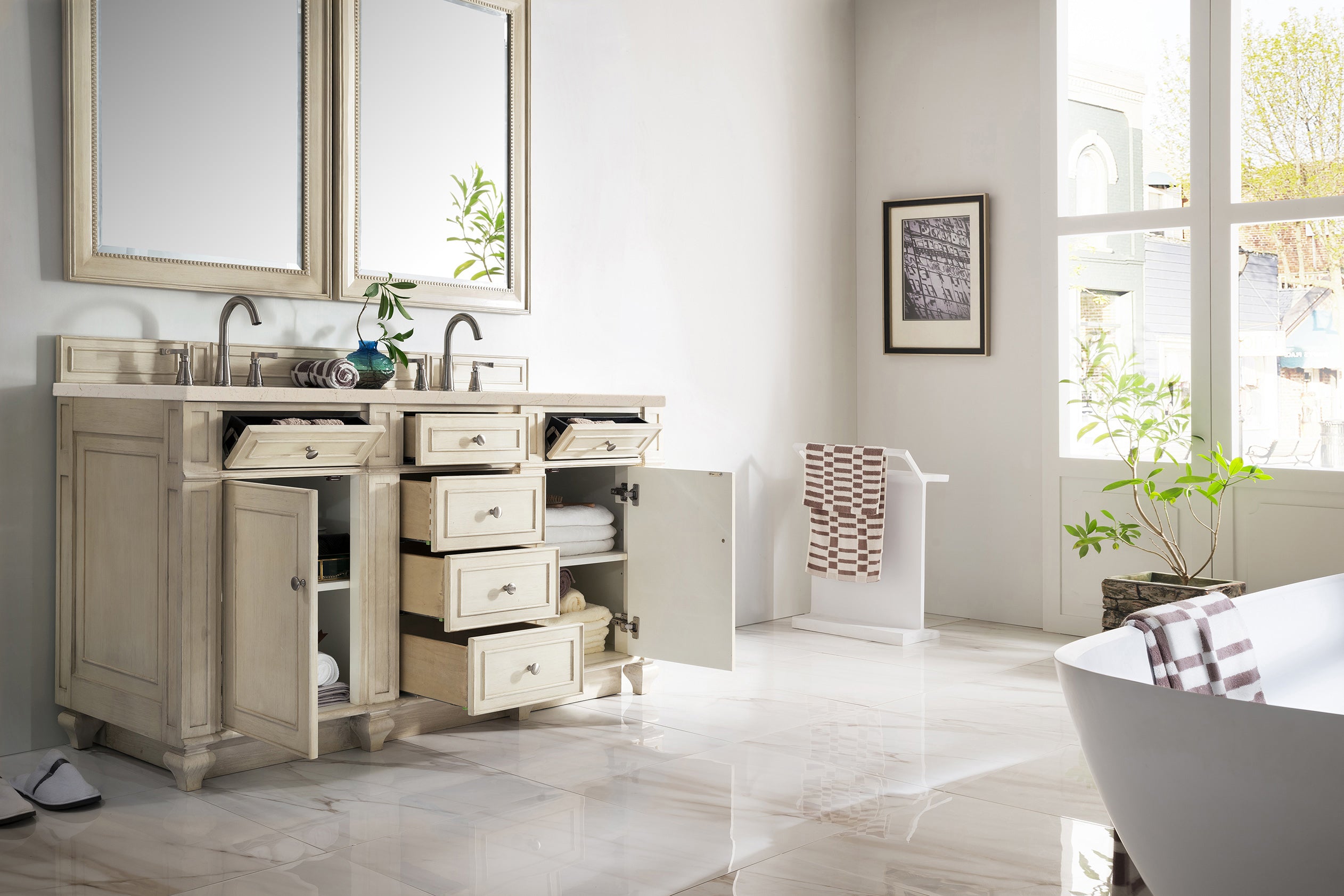 Bristol 60 Inch Double Bathroom Vanity in Vintage Vanilla with 3CM Eternal Marfil Quartz Countertop - Perfect for Master Bathroom & Guest Bath Remodeling