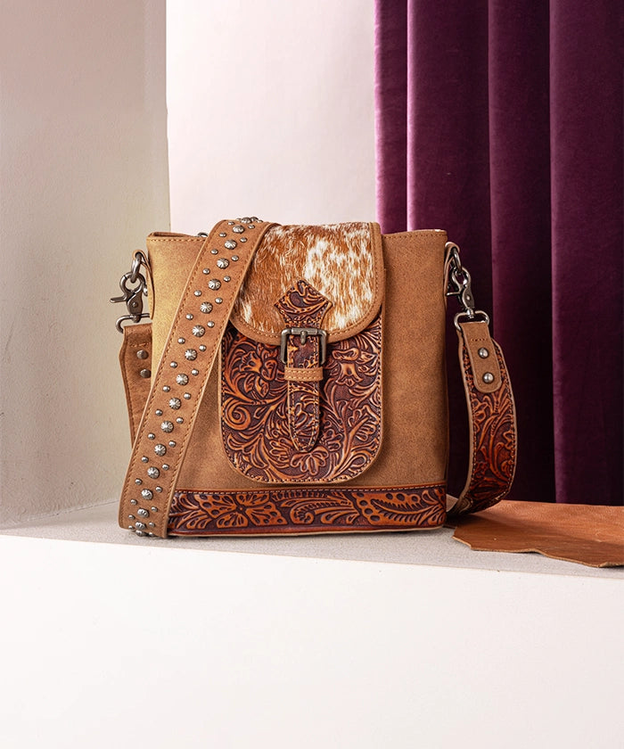 Trinity Ranch Genuine Hair-on Cowhide Tooled Leather Crossbody Purse for Women - Western Style Handbag for Rodeo, Country Music Festivals & Everyday Use