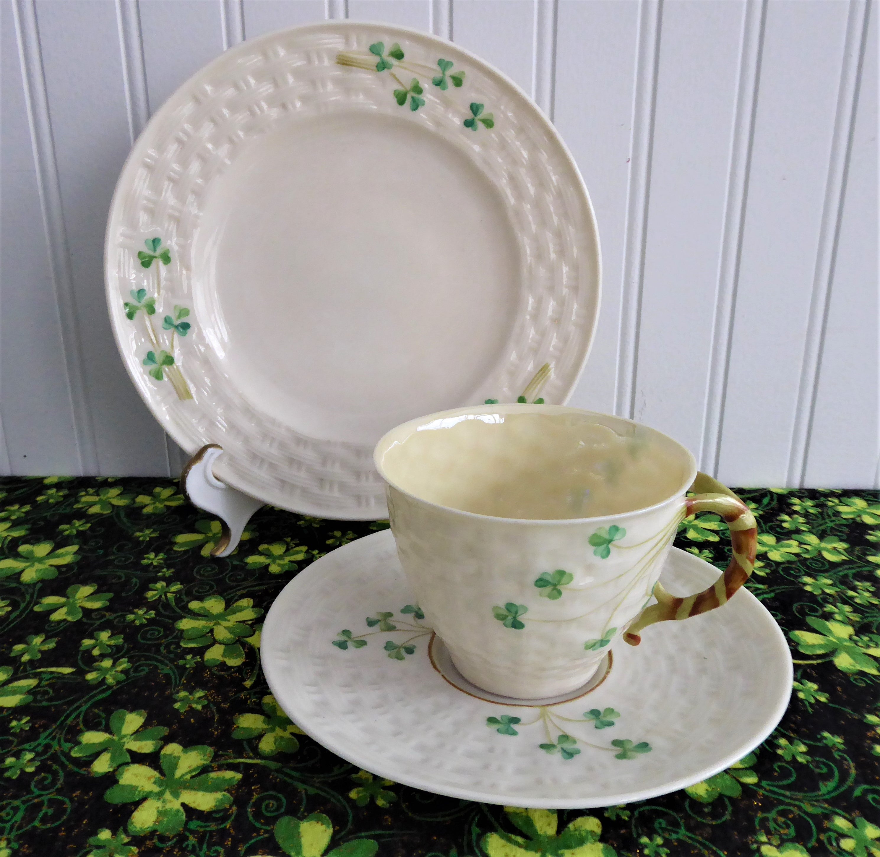 Vintage Irish Belleek Teacup Trio Set - Handcrafted Basket Weave Design with Shamrocks (1950s 4th Green Mark) - Perfect for Afternoon Tea, Collectible Irish Porcelain, Wedding Gift