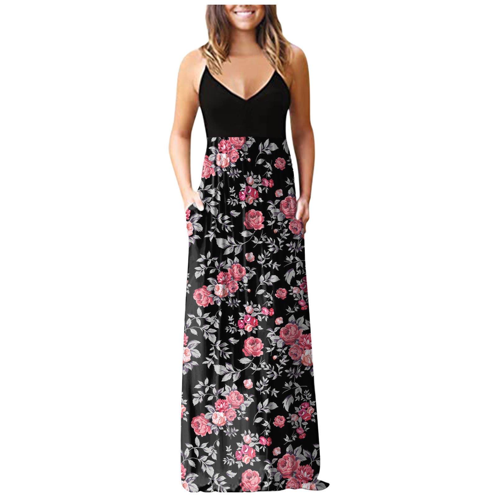 Kaideny Women's Floral Print V-Neck Sleeveless Maxi Dress with Pockets - Summer Beach Wedding Party Casual Long Dress