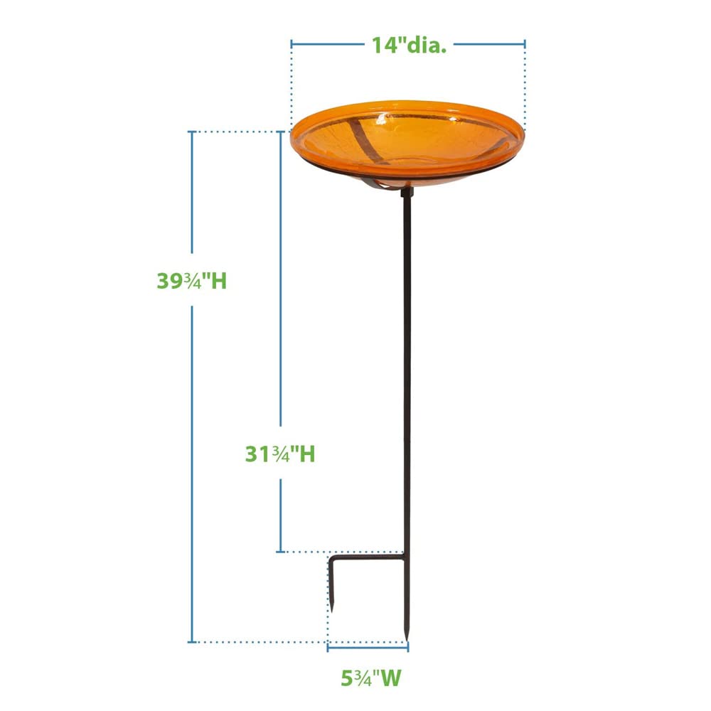 14-inch Crackle Glass Birdbath Bowl with Metal Stake - Outdoor Garden Decor for Birds, Decorative Yard Ornament for Patio, Lawn & Backyard Bird Watching