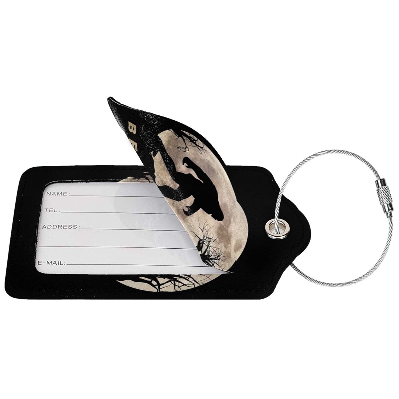 Funny Bigfoot Sasquatch Full Moon Luggage Tag - Stainless Steel Loop & PU Leather Name ID Card Holder - Durable Suitcase Labels for Women, Men & Kids - Perfect for Travel, Backpacks & Carry-On Bags (1pc)