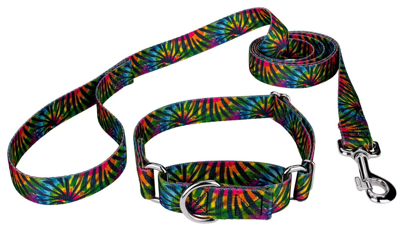 Tie Dye Stripes Martingale Dog Collar and Leash Set - Adjustable 1/2 Inch Extra Small Pet Collar with Matching Leash - Groovy Retro Design for Small Dogs - Perfect for Walks, Training, and Fashionable Pet Outfits