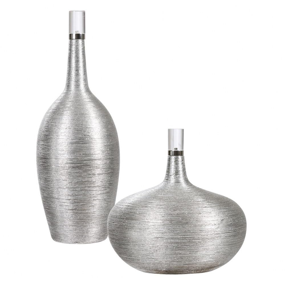 Uttermost Gatsby Silver Leaf Decorative Bottles Set of 2 - Elegant Home Decor for Living Room, Dining Table & Shelf Display