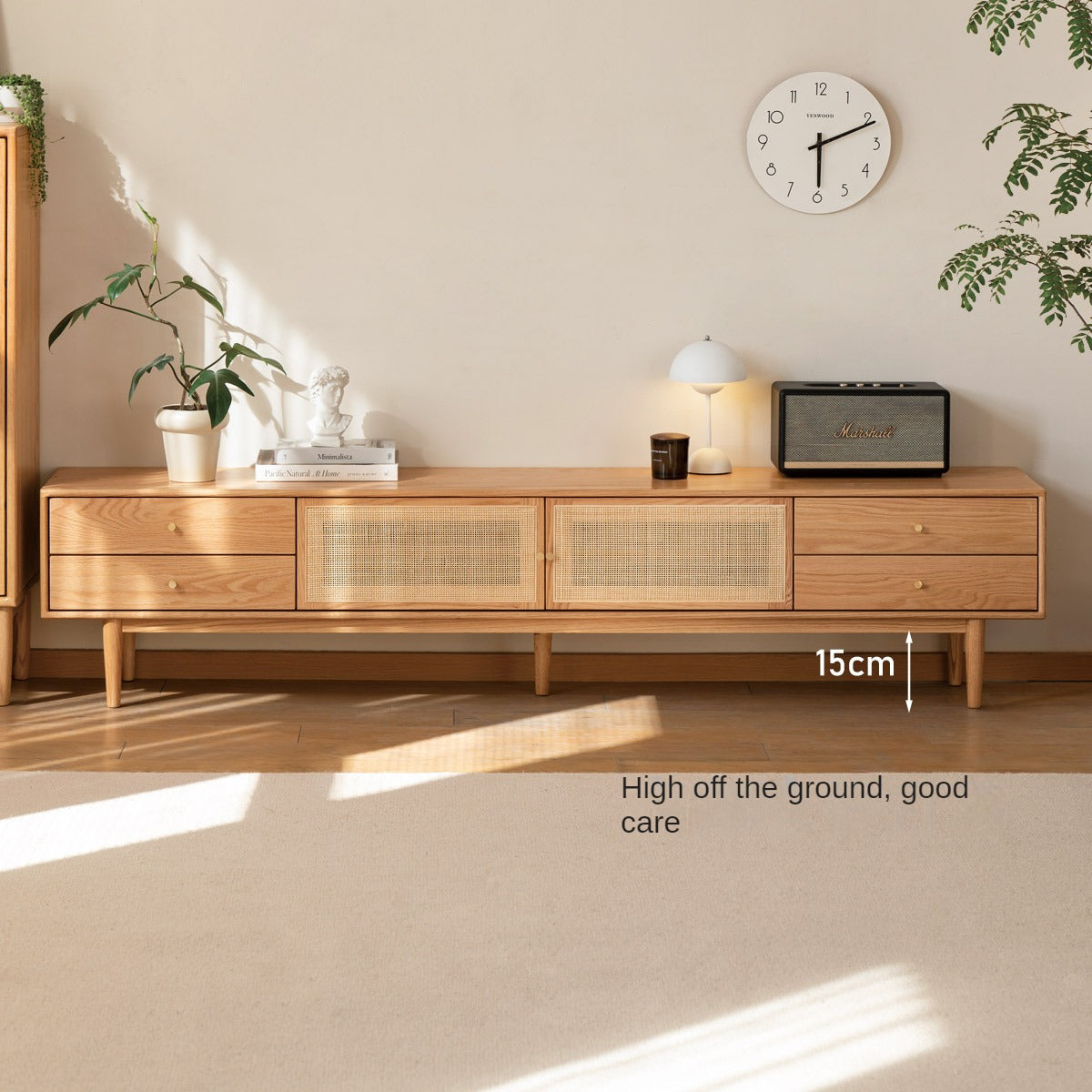 Solid Oak Wood TV Stand with Rattan Doors - Stylish Media Console for Living Room, Bedroom, or Home Theater