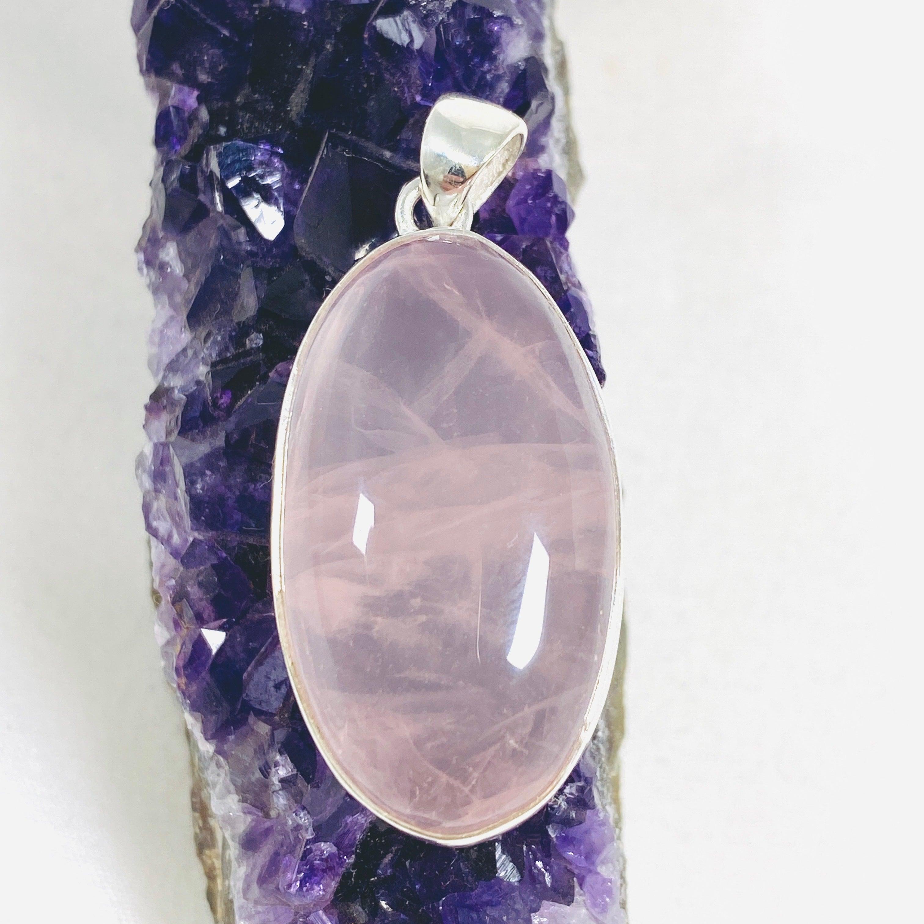 Natural Rose Quartz Oval Pendant Necklace - Healing Crystal Jewelry for Women - Elegant 925 Sterling Silver Chain - Perfect for Meditation, Yoga & Spiritual Gifts
