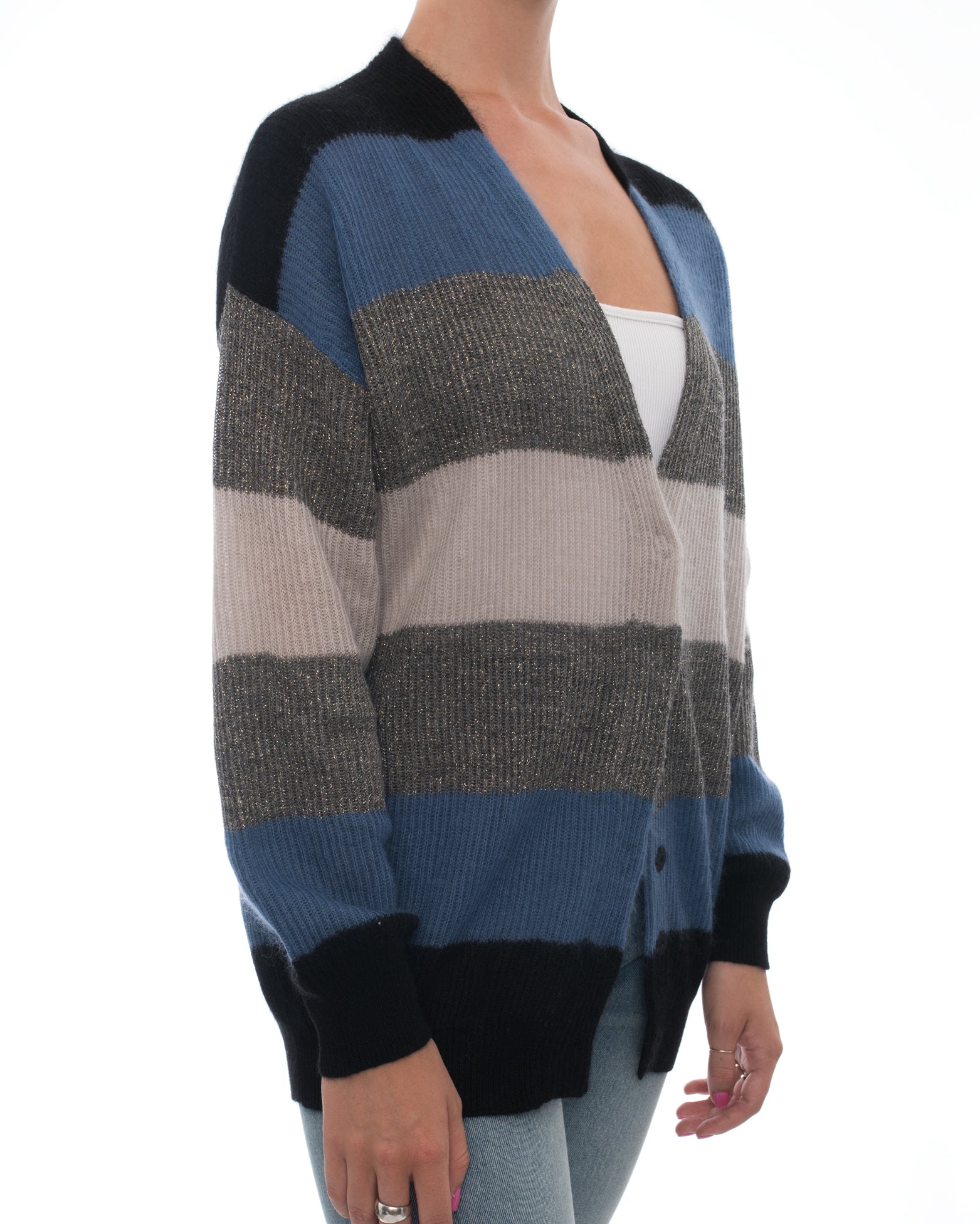 Brunello Cucinelli Blue Grey Color Block Striped Cardigan Sweater for Women | Luxury Cashmere Blend | Perfect for Office Wear & Casual Outings