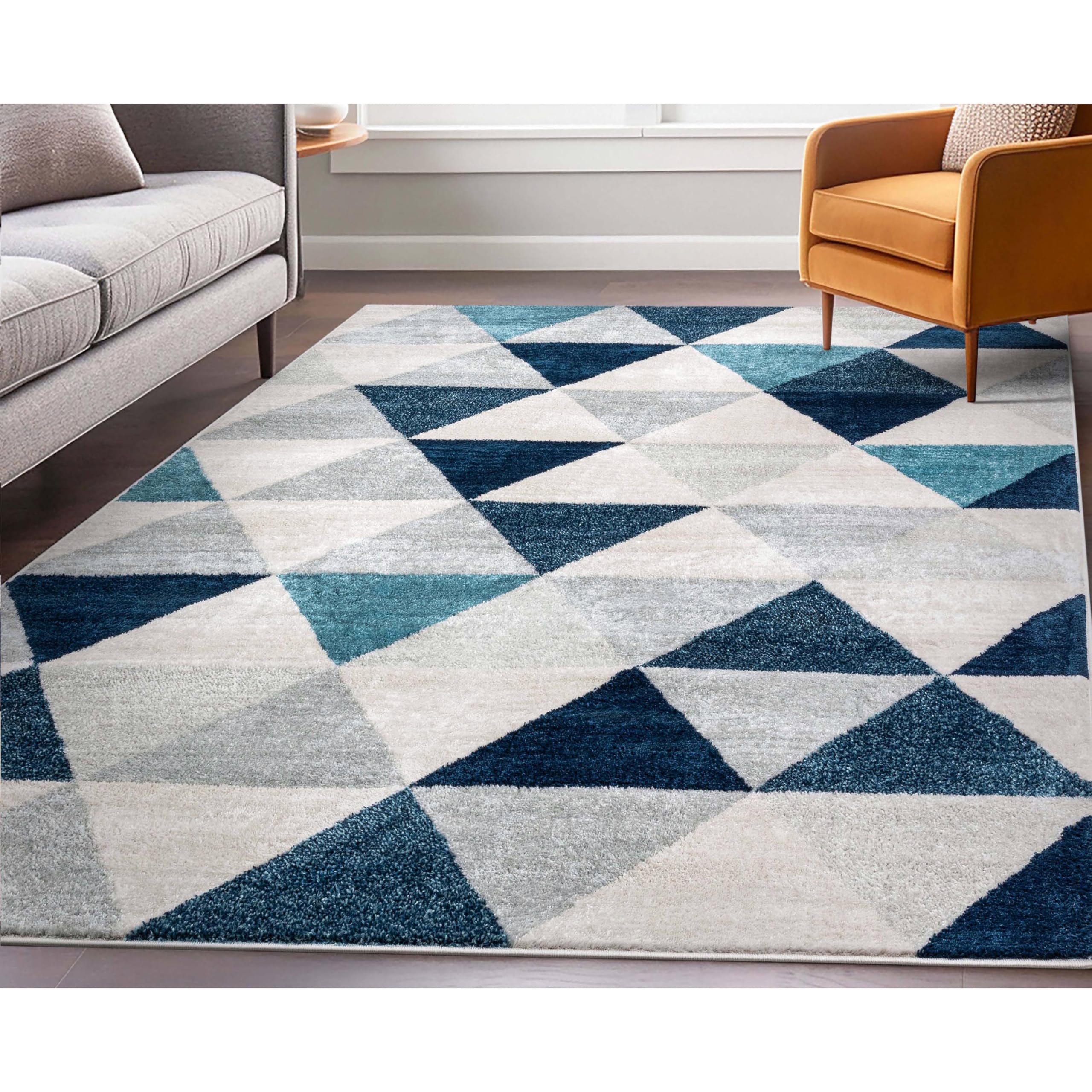 Well Woven Modern Geometric Triangle Pattern Area Rug - Blue & Grey, 7'10