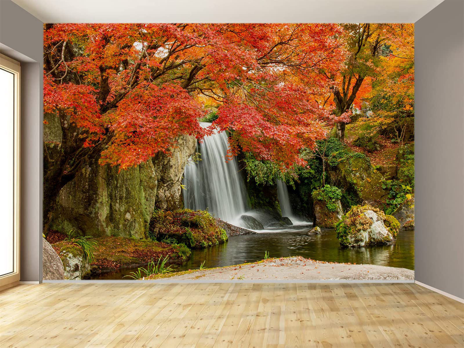 Autumn Maple Leaves Waterfall River Wall Mural - Removable Photography Wallpaper for Living Room, Bedroom & Office Decor (118