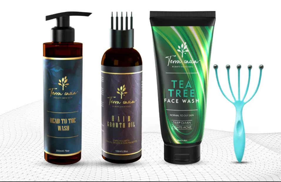 Terra Cacia Combo: Tea Tree Body Wash, Face Wash & Hair Oil for Men & Women | Natural Skincare & Hair Care