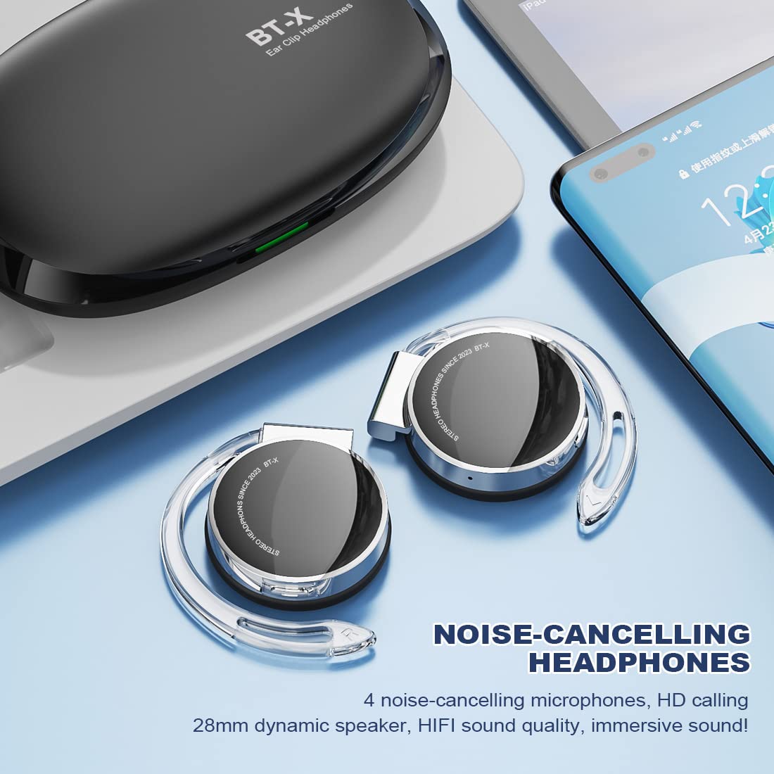 ZOUKAI Open Ear Bluetooth 5.3 Wireless Earbuds with Earhooks - 4 Mic Noise Cancelling Sports Headphones for Running, Gym & Office - Sweatproof Lightweight Headset for Workouts & Calls (Black, BT-X)