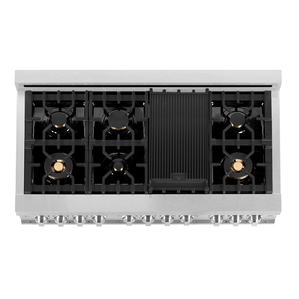 ZLINE 48-inch 6.0 cu. ft. Dual Fuel Range with Gas Cooktop & 2 Electric Ovens - Satin Stainless Steel with 6 Brass Burners (RAS SN BR 48) | Professional Kitchen Appliance for Home Chefs & Cooking Enthusiasts