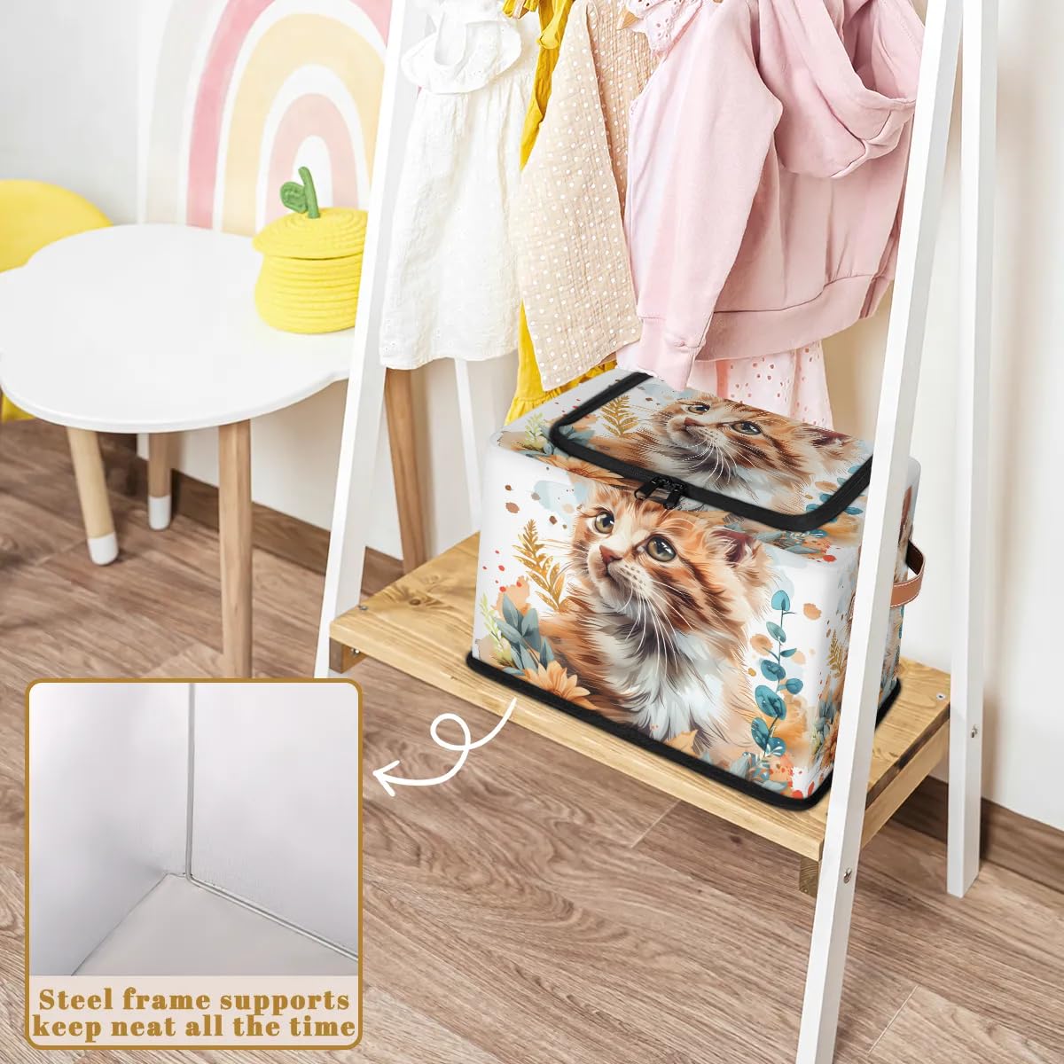 2-Pack Stackable Cat Leaf Pattern Storage Bins with Zipper Lid & Metal Frame - Closet Organizer Cubes with PU Handles for Clothes, Toys, Blankets - Perfect for Bedroom, Nursery, Dorm Organization