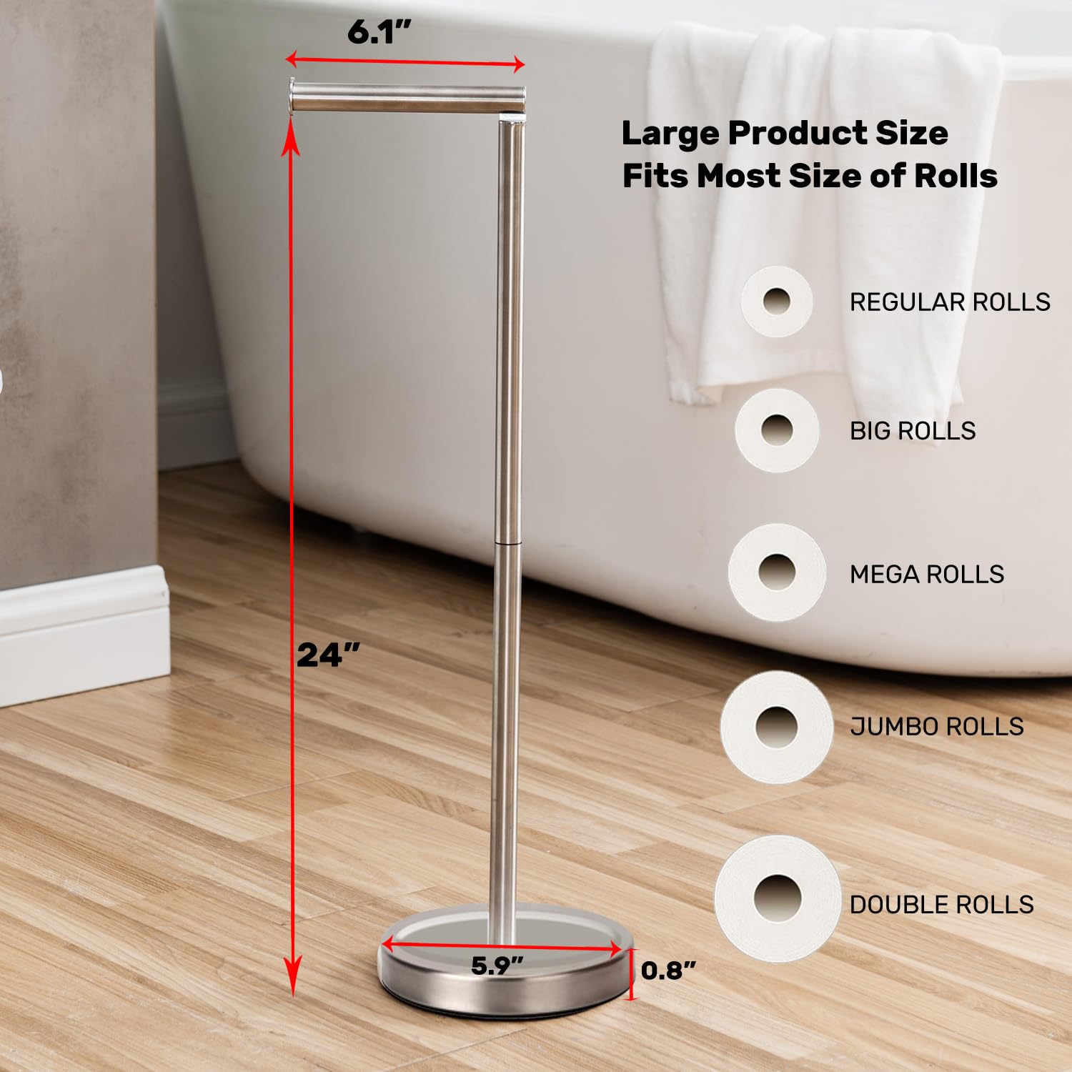 Freestanding Toilet Paper Holder Stand for Bathroom - Heavy Base Storage Organizer Holds 4 Rolls - Brushed Nickel Finish | Perfect for Small Bathrooms, RVs, and Guest Toilets