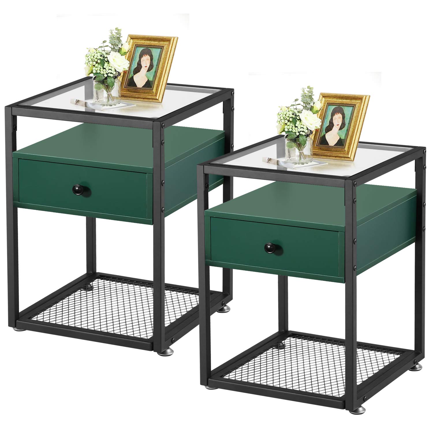 VECELO Set of 2 Modern Glass Top Nightstands with Drawer & Open Shelf - Metal Frame End Tables for Living Room, Bedroom, Lounge - Green Surface (Perfect for Small Spaces & Apartment Decor)
