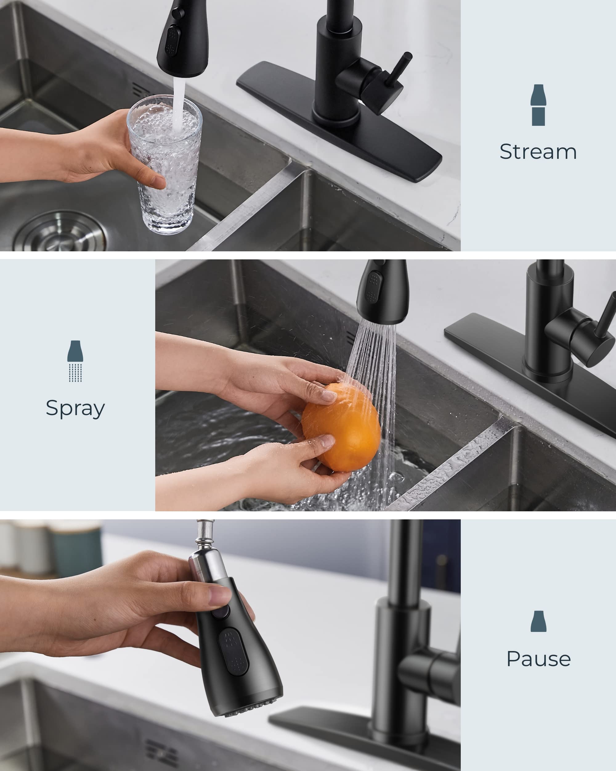 FORIOUS Black Stainless Steel Kitchen Faucet with Pull Down Sprayer - High Arc Single Handle Sink Faucet for 1 or 3 Hole Installation | Perfect for Farmhouse, RV, Camper, Laundry & Bar Sinks (Modern Water-Saving Design)