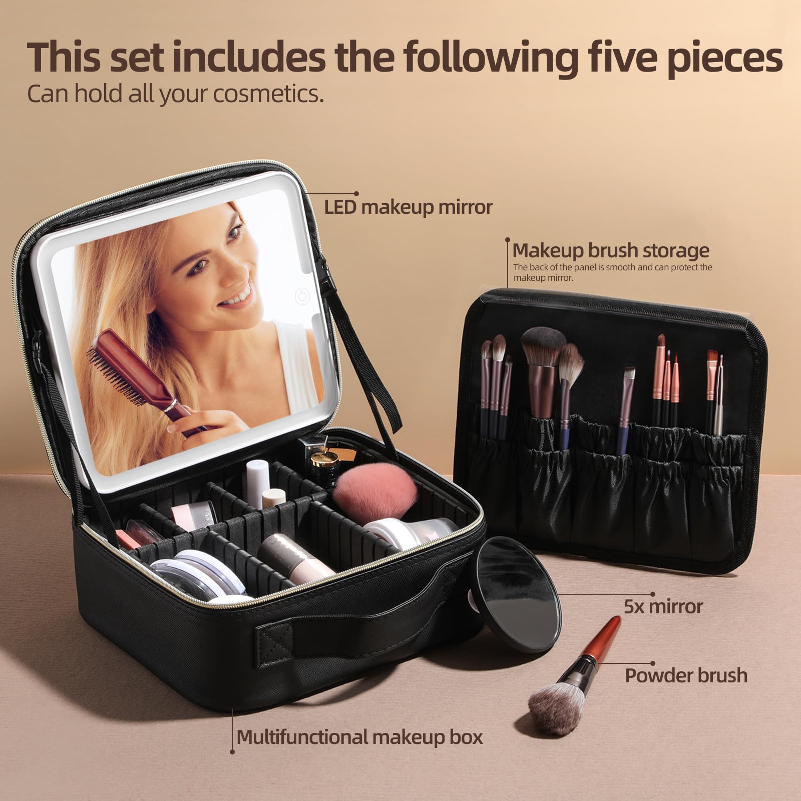 BS-MALL Professional Makeup Brush Holder Case with LED Mirror - Portable Cosmetic Organizer Bag for Travel & Home Use - Perfect for Makeup Artists & Beauty Enthusiasts