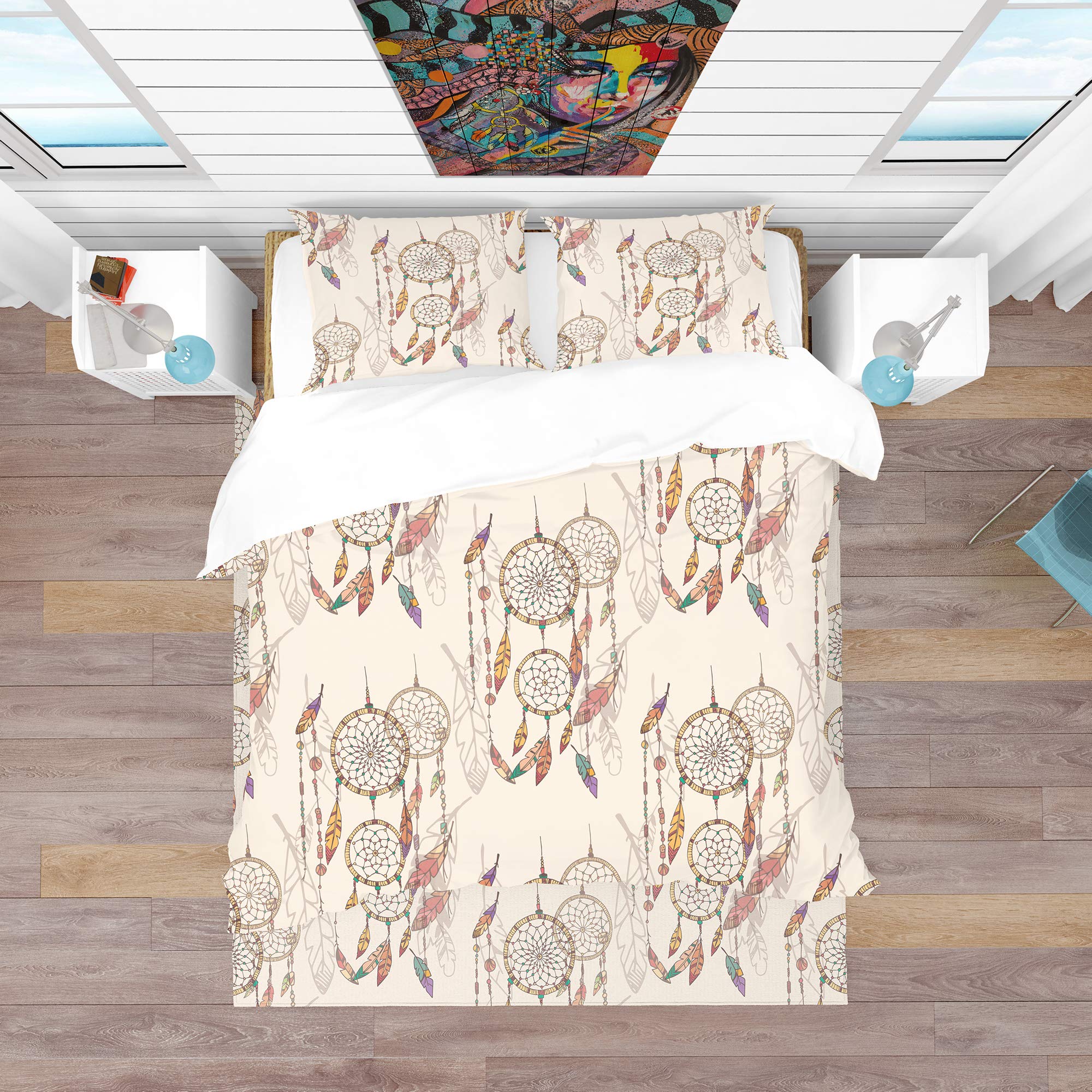 Bohemian Dream Catcher with Beads & Feathers Duvet Cover Set | Southwestern Style Bedding | Perfect for Boho Chic Bedrooms & Guest Rooms