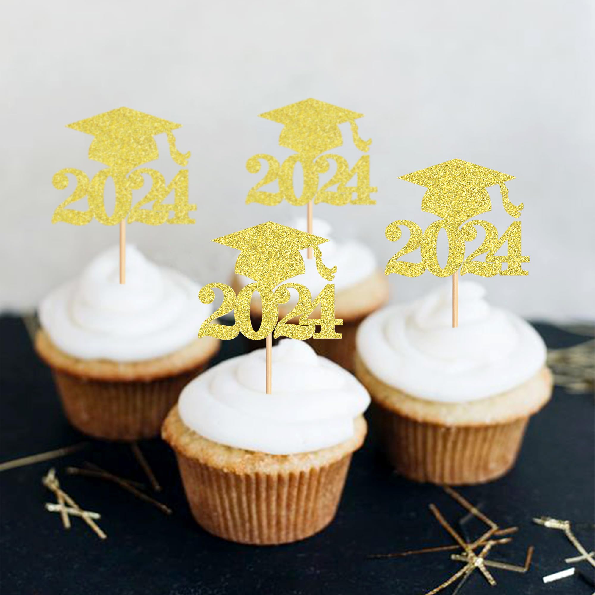 36 Pack Gold Glitter Graduation Cupcake Toppers - Class of 2024 Grad Cap Cake Decorations for Graduation Party Supplies | Perfect for Graduation Cakes, Cupcakes, Desserts and Celebration Decor