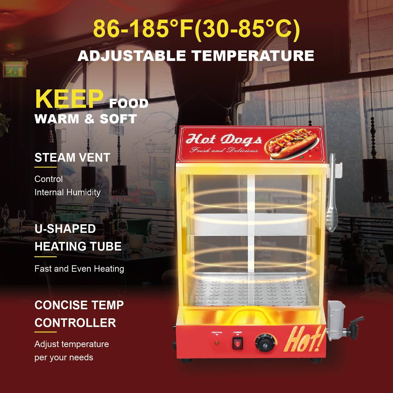 Commercial Electric Hot Dog Steamer Machine - 31.7QT/30L Capacity, 2-Tier Bun Warmer with Adjustable Temperature Control, Glass Sliding Door - Holds 175 Hot Dogs & 40 Buns - Perfect for Hot Dog Stands, Food Trucks, Restaurants & Catering Events