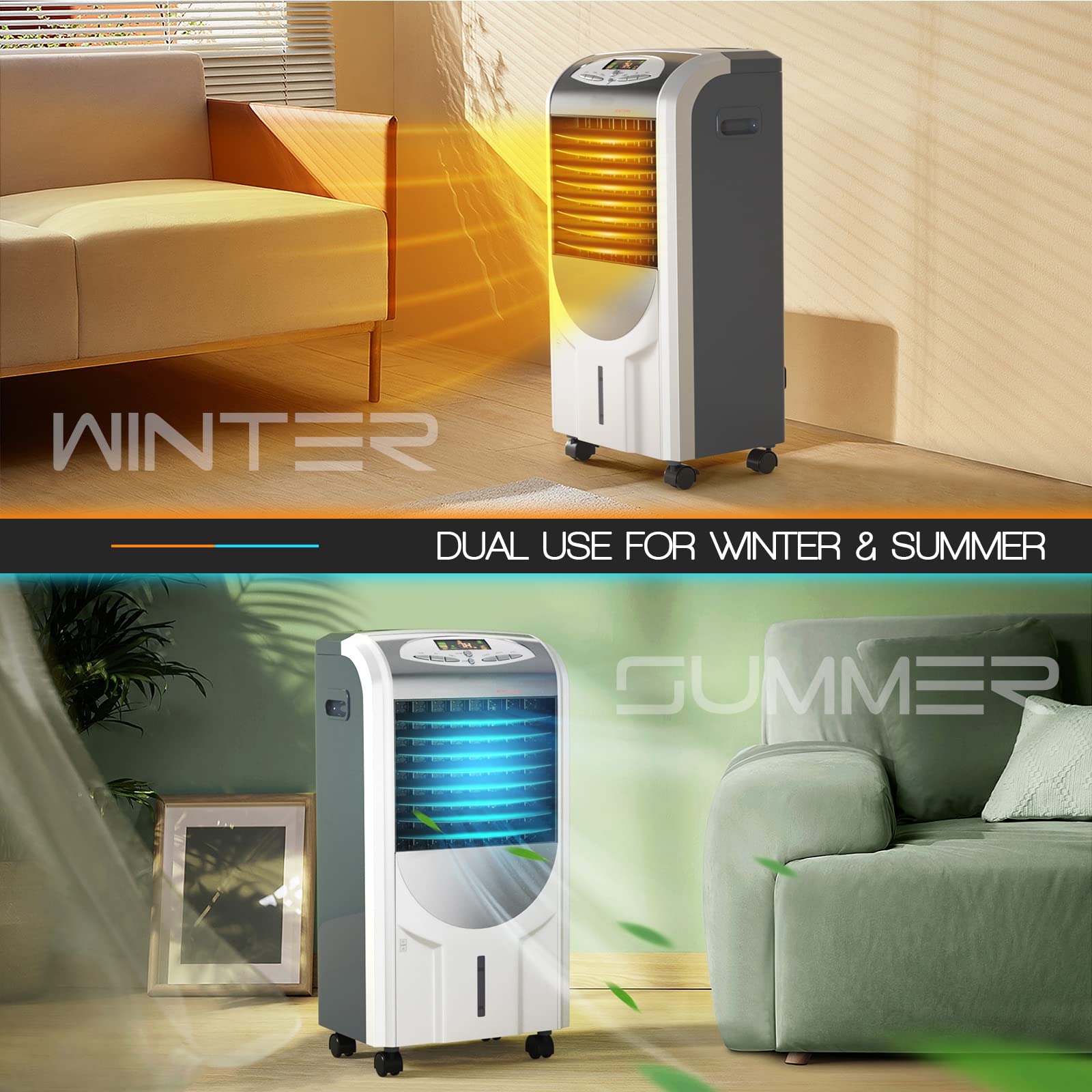 KOTEK 5-in-1 Portable Evaporative Air Cooler & Heater with Anion Function - Bladeless Quiet Cooling Fan with Remote Control, 8H Timer, 3 Modes & 3 Speeds - Perfect for Home, Office, Bedroom and Living Room Cooling