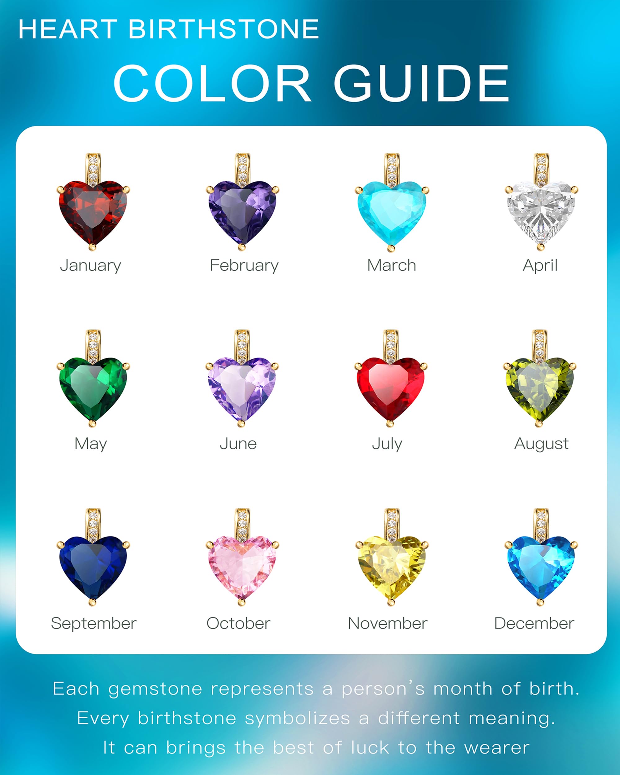 Authentic Birthstone Necklace for Women - Heart Pendant Love Jewelry, Personalized Birthday Gift for Her, Valentine's Day, Anniversary & Mother's Day Present