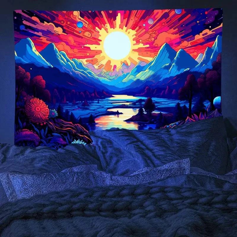 Sun Mountain Official Glow in The Dark UV Tapestry Wall Art - Psychedelic Blacklight Decor for Bedroom, Dorm & Music Festival