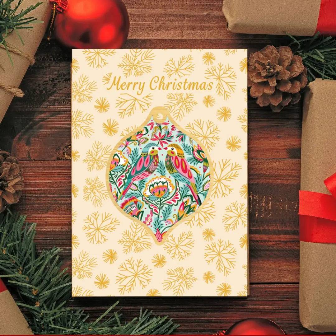 Handmade Bejewelled Birds Christmas Card & Bauble Set - Festive Holiday Greeting Card with Ornament for Xmas Tree Decor - Perfect for Holiday Gifting, Home Decor & Christmas Party Favors