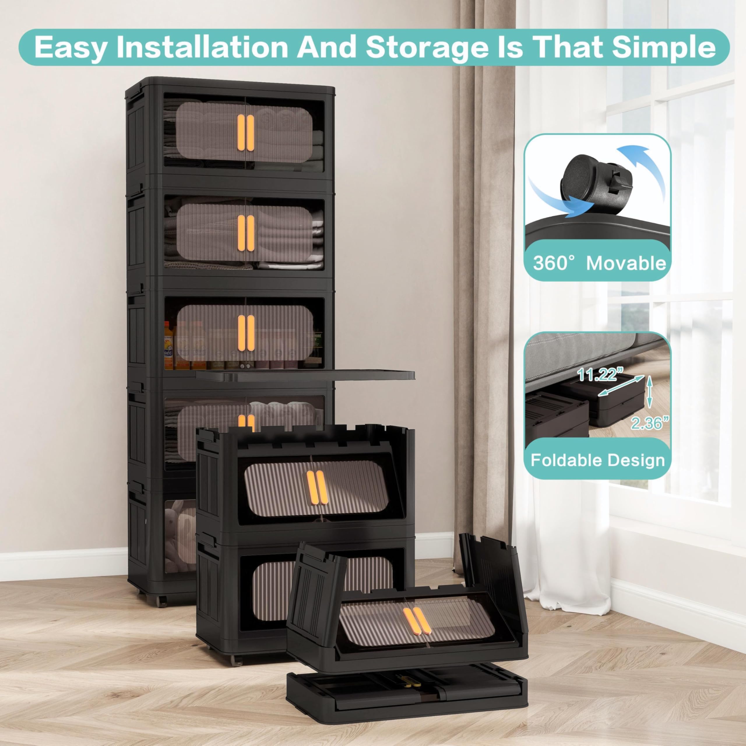 Collapsible Storage Bins with Magnetic Door - 5-Tier Plastic Storage Cabinet with Wheels, Black Folding Organizer (19.69