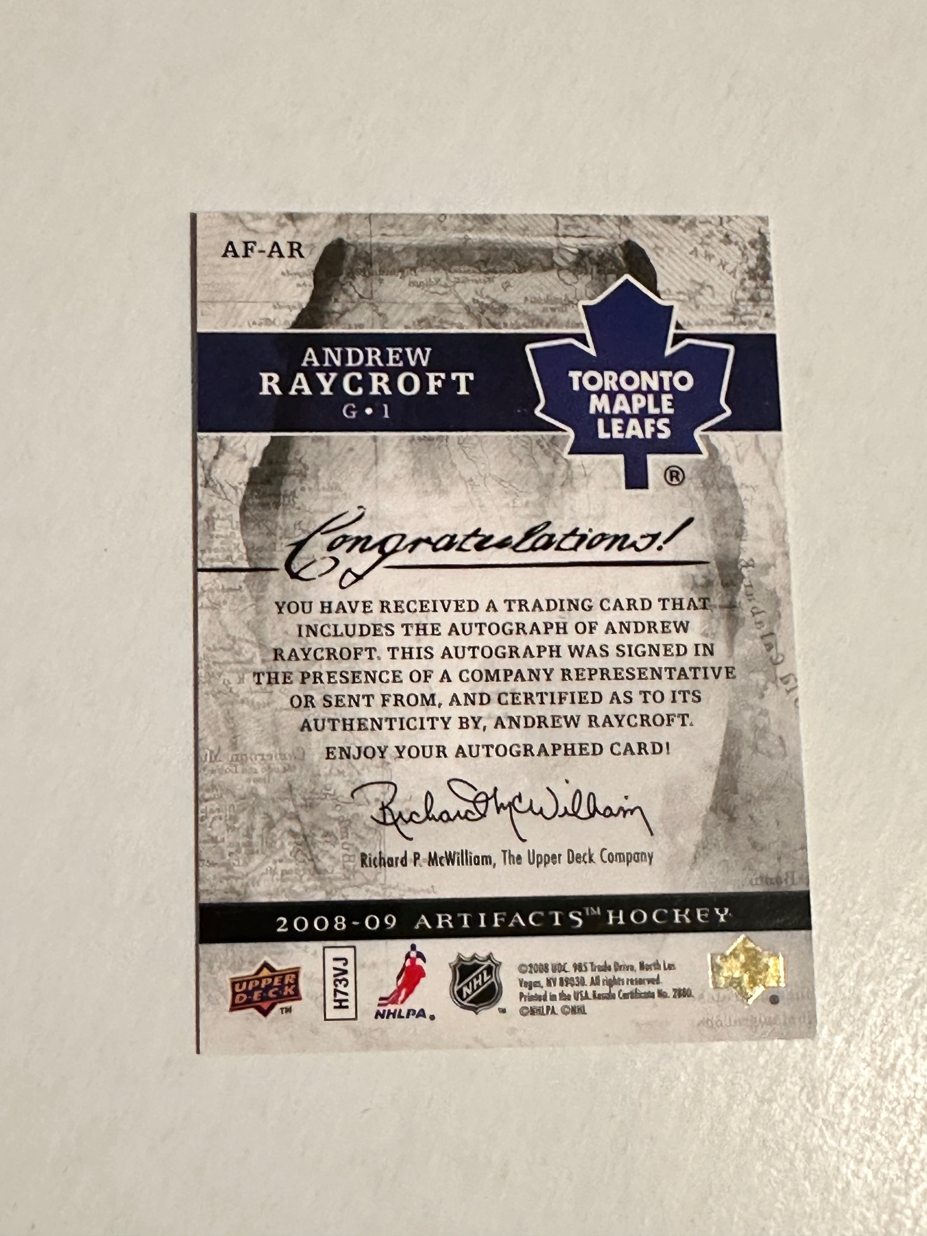 Andrew Raycroft Toronto Maple Leafs Upper Deck Autograph Hockey Card - Signed Collectible Memorabilia for NHL Fans and Sports Card Collectors - Perfect for Display, Trading, and Investment
