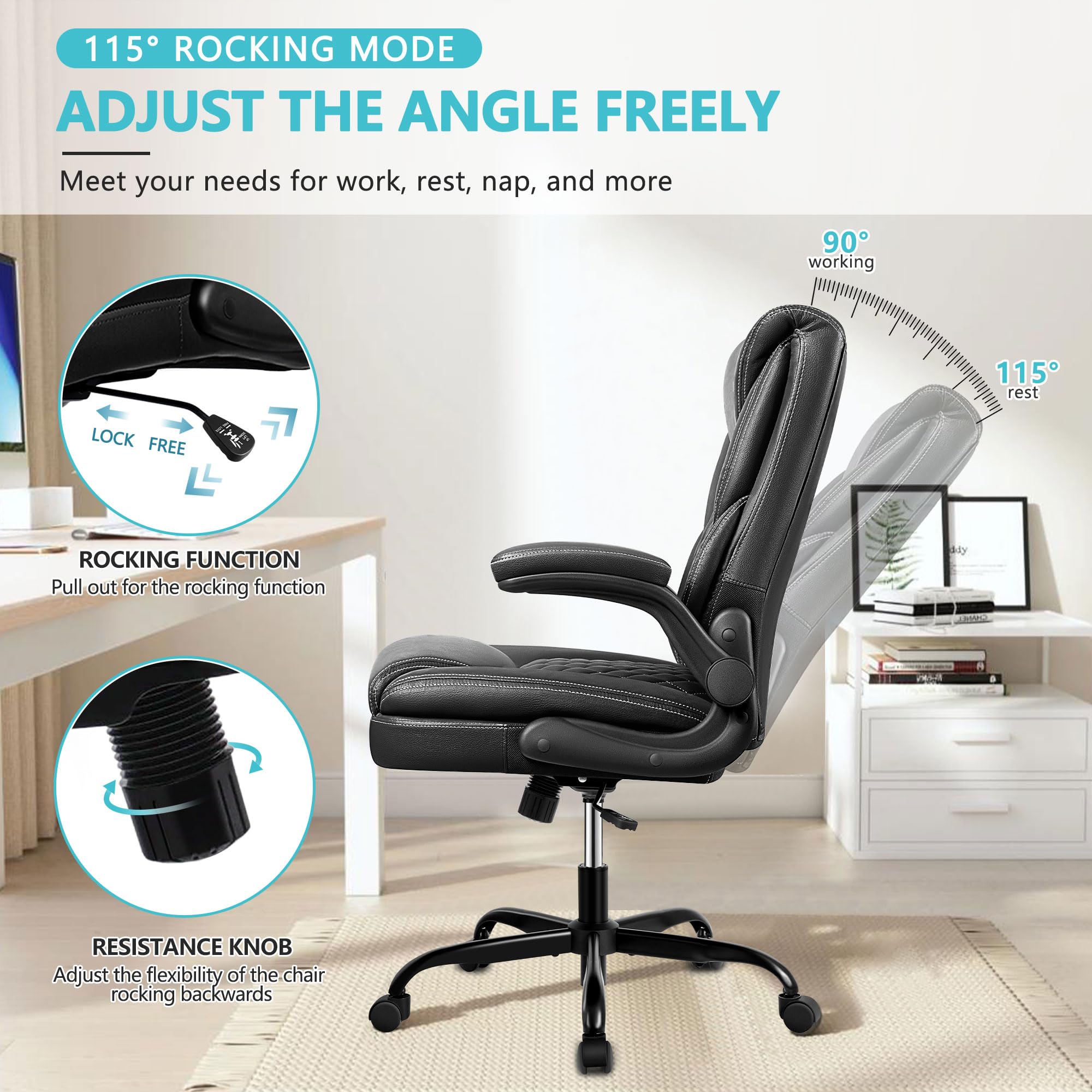 Premium Ergonomic Office Chair - Executive Leather Desk Chair with Adjustable Flip-Up Arms & Lumbar Support - Swivel Task Chair with Rocking Function for Home Office, Computer Work & Gaming (Black) - Perfect for Long Work Hours & Comfortable Workspaces