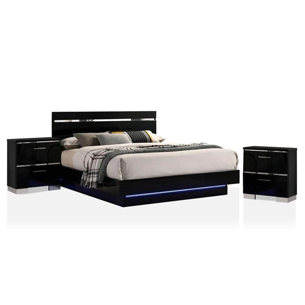 Furniture of America Malva 3-Piece Black Wood Bedroom Set - Queen Size Bed with 2 Nightstands for Modern Home Decor | Perfect for Master Bedroom, Guest Room & Apartment Furniture