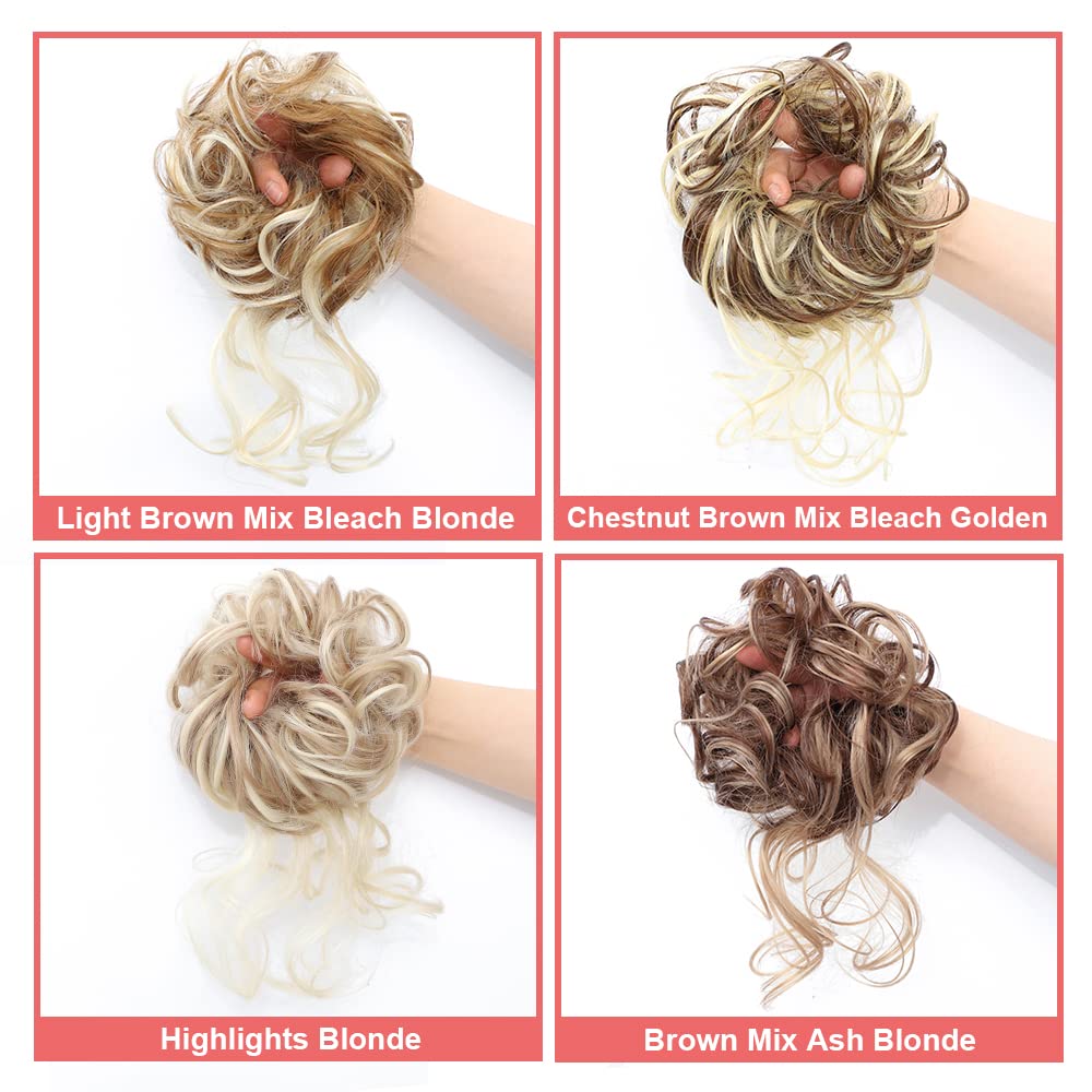 KETHBE Messy Bun Hair Piece - Tousled Updo Hair Extension with Elastic Band, Curly Hair Bun Scrunchie for Women (Highlights Blonde) - Perfect for Work, Parties & Everyday Styling