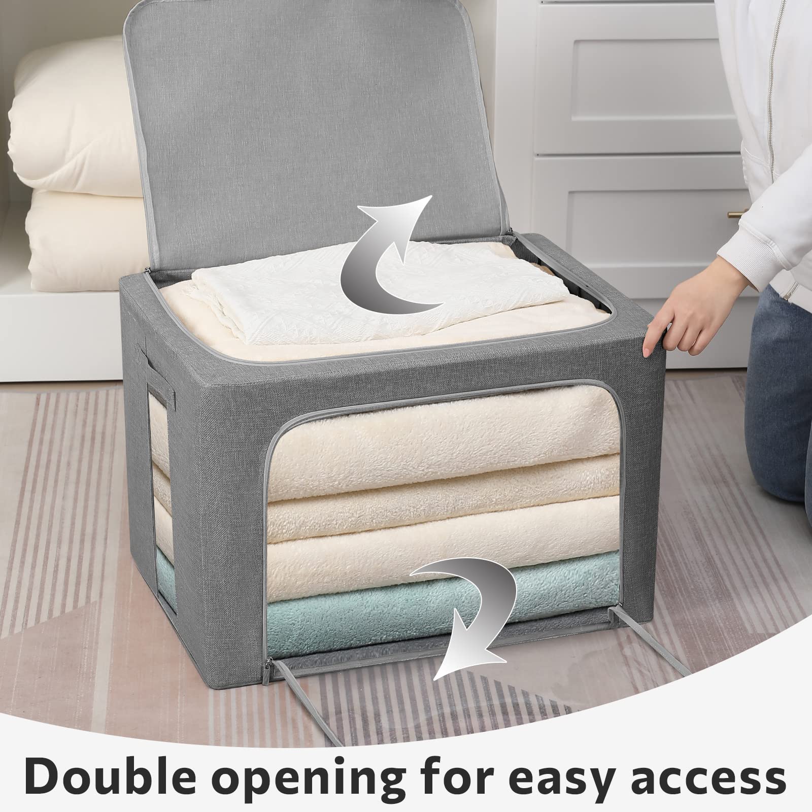 2 Pack Clear Stackable Fabric Storage Bins with Handles - Foldable Clothes Organizer Box (36L, Gray, 15.7x11.8x11.7 Inch) - Perfect for Closet, Bedroom, Nursery & Office Organization