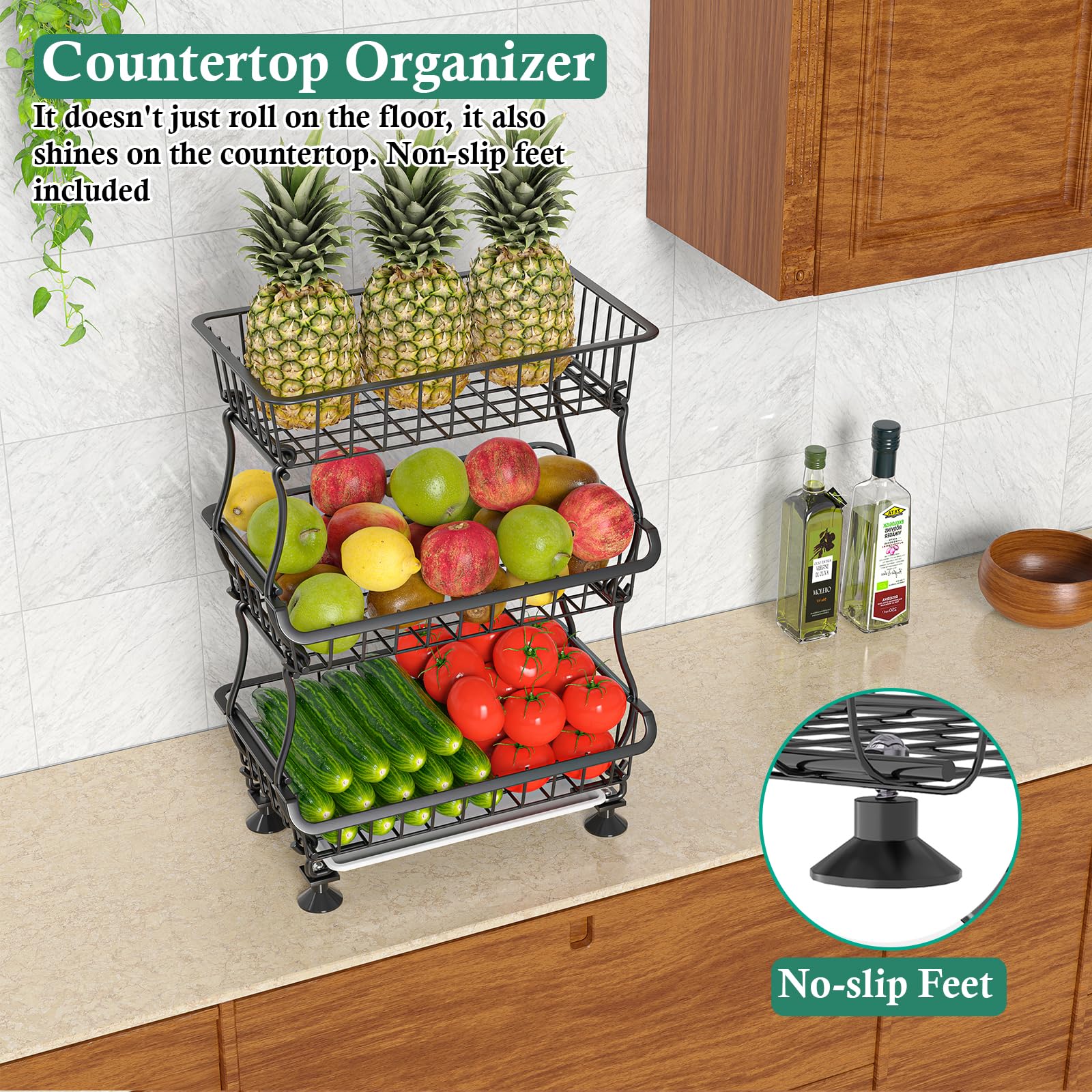3-Tier Rolling Pantry Cart with Wheels - Stackable Wire Storage Organizer for Kitchen, Pantry Shelves, Fruits, Snacks, Onions & Potatoes - Perfect for Small Spaces, Home Organization & Easy Access to Essentials