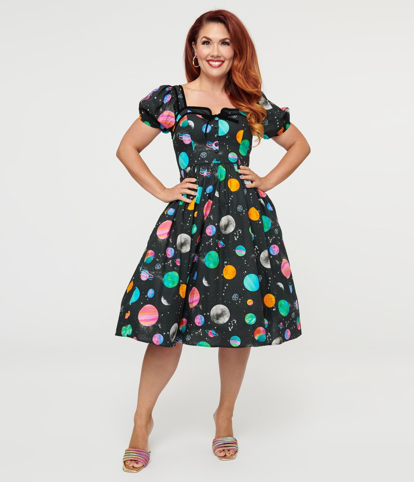Vintage 1940s Black Planet Print Button Front Dress - Retro Swing Dress for Women, Unique 1940s Style Fashion, Perfect for Cosplay, Themed Parties & Vintage Lovers