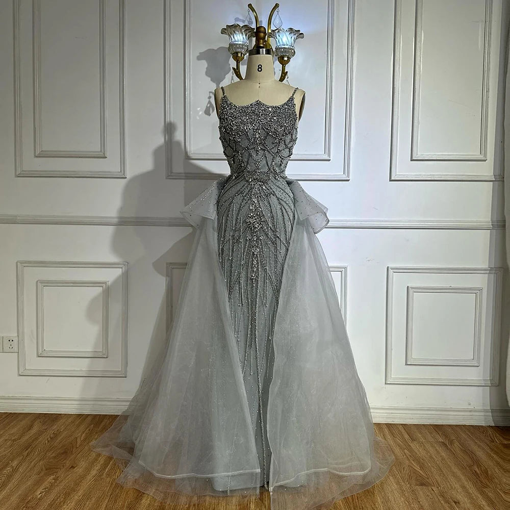 Luxury Dubai Nude Saudi Beaded Spaghetti Strap Evening Gown with Overskirt - Formal Dresses for Weddings, Prom & Special Occasions