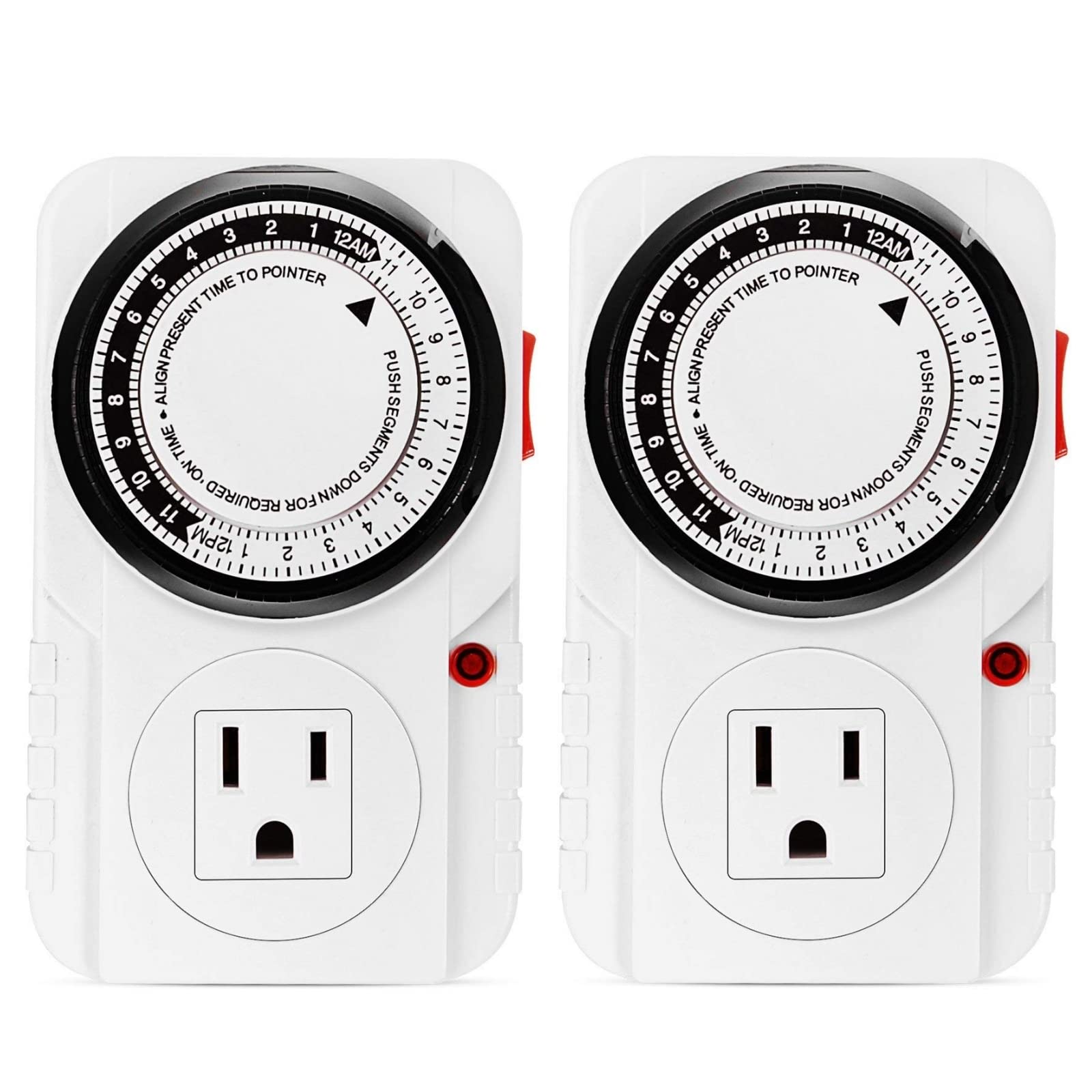iPower 24 Hour Plug-in Mechanical Timer - 2 Pack, 125VAC 15A 1725W Heavy Duty Outlet Timer for Grow Lights, Aquariums, Hydroponics, Pets, Home & Office Appliances - Perfect for Automatic Lighting Control in Greenhouses, Indoor Gardens & Energy Saving