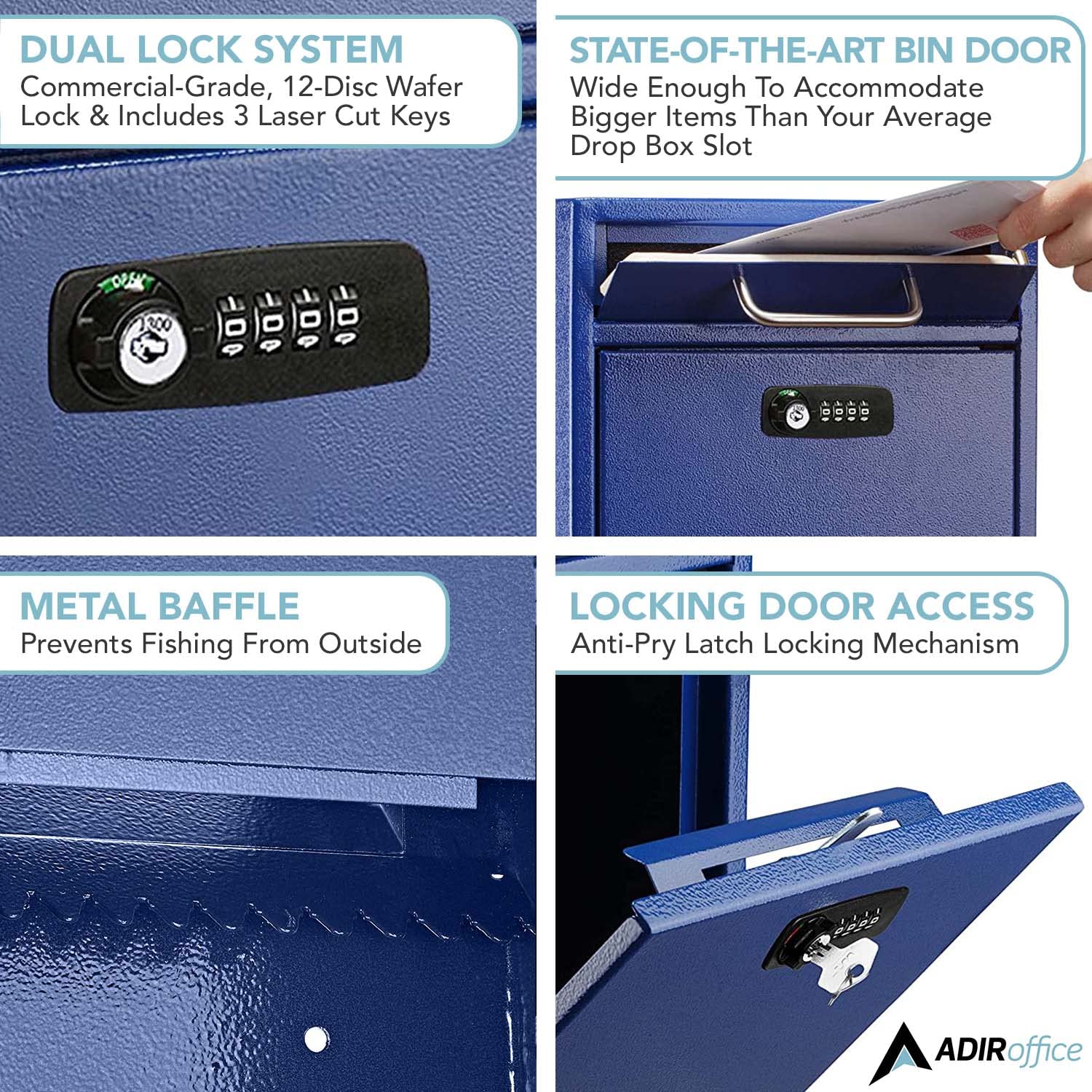 AdirOffice Ultimate Wall-Mounted Mailbox with Key Lock - Secure Drop Box for Mail, Packages & Payments - Durable Weatherproof Outdoor Mail Slot - Perfect for Home, Office & After-Hours Deposits (Medium, Blue)