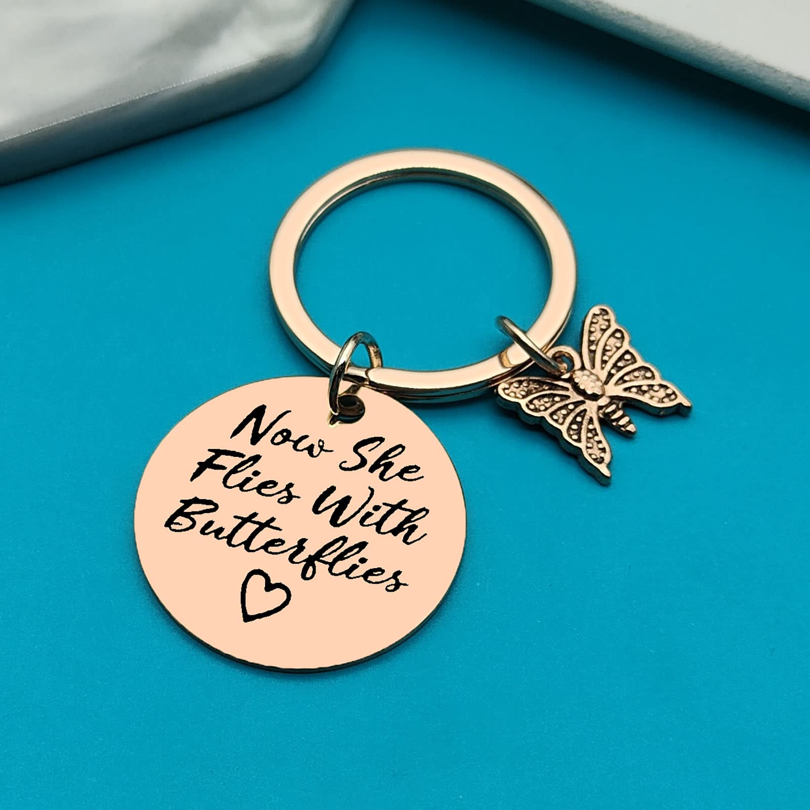 Butterfly Memorial Keychain - Sympathy Gift for Loss of Loved Ones (Mother, Grandma, Wife, Sister, Daughter, Friend) - Now She Flies with Butterflies Keepsake - Perfect for Remembrance, Funeral, or Comforting Grieving Loved Ones