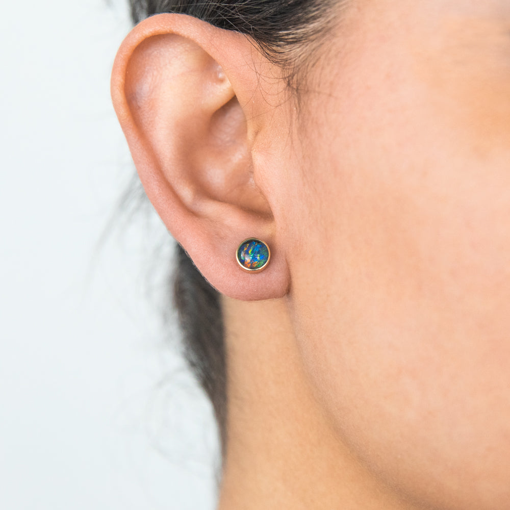 9ct Yellow Gold 6mm Triplet Opal Bezel Stud Earrings for Women - Elegant Jewelry Gift for Birthday, Anniversary & Special Occasions
