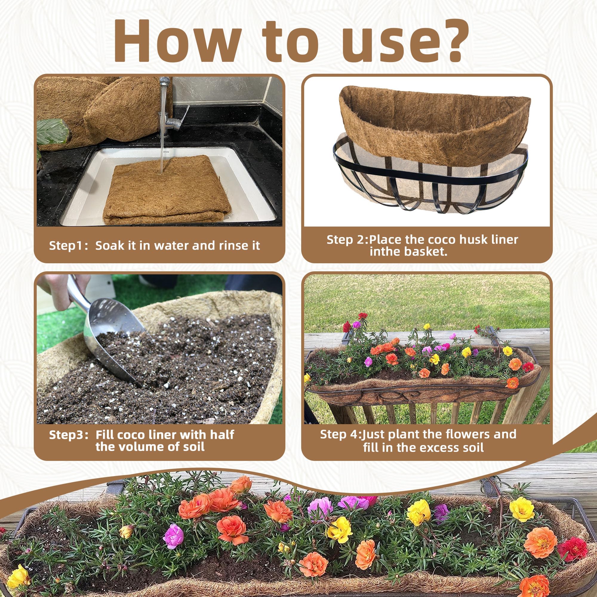 Premium 36 Inch Coco Liners for Planters - 3 Pack Natural Coconut Fiber Plant Liners for Window Boxes, Wall Planters & Outdoor Planters - Perfect for Balcony Gardens, Hanging Baskets and Landscaping