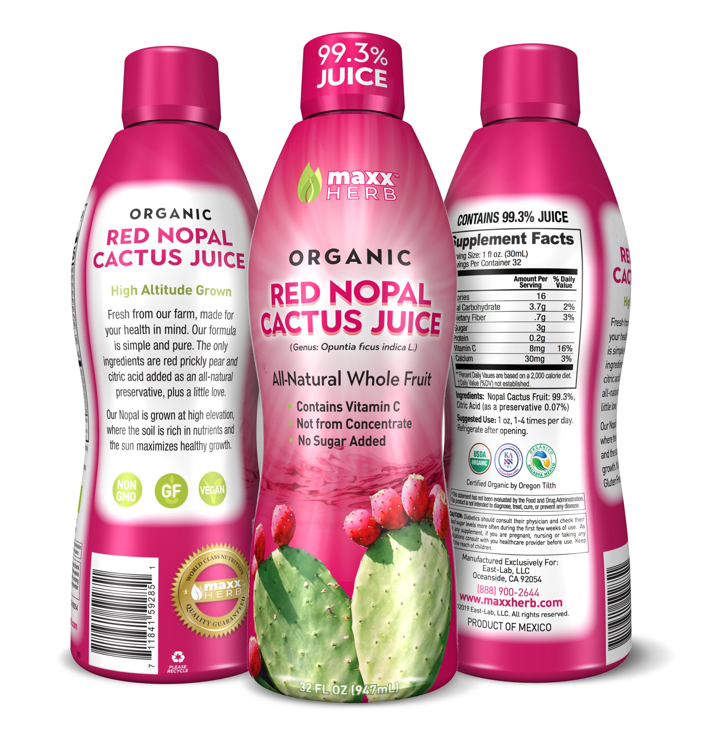 Organic Nopal Cactus Juice & Prickly Pear Juice - Antioxidant Superfruit for Digestion & Joint Support | Vegan, Non-GMO, 4 Bottles (32oz Each) | Perfect for Smoothies, Detox Drinks & Immune Boosting