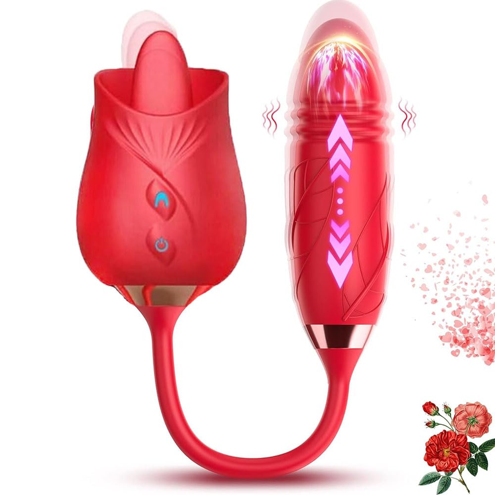 3 in 1 Rose Toy for Adults - Tongue Licking, Thrusting & Vibrating Pleasure Device with Easy Operation, Red (YO3+6) - Perfect for Couples Play, Solo Use & Sensual Massage